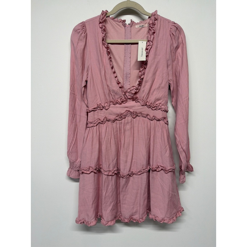 Pink Ruffle Tiered Mini Dress Puff Sleeve Coquette Milkmaid Medium NWT - Picture 2 of 5